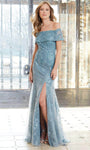 Sheath Lace Floor Length Natural Waistline Off the Shoulder Fitted Beaded Applique Glittering Slit Sheath Dress/Evening Dress