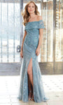 Lace Sheath Off the Shoulder Floor Length Glittering Applique Fitted Slit Beaded Natural Waistline Sheath Dress/Evening Dress