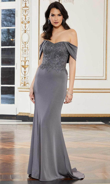 Sophisticated V-neck Crepe Mermaid Natural Waistline Off the Shoulder Floor Length Hidden Back Zipper Draped Beaded Fitted Sweetheart Evening Dress with a Brush/Sweep Train