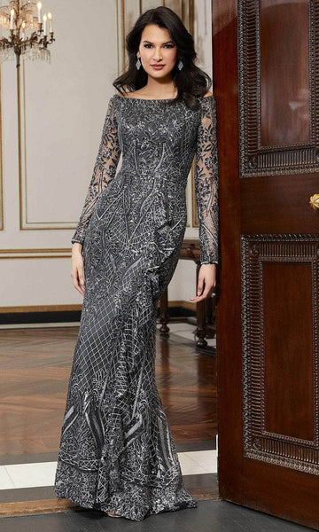Lace Floor Length Illusion Fitted Back Zipper Sheer Long Sleeves Off the Shoulder Beaded Trim Sheath Natural Waistline Sheath Dress/Evening Dress with a Brush/Sweep Train