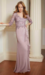 V-neck 3/4 Sleeves Natural Waistline Floor Length Applique Sheath Sheath Dress/Evening Dress With Ruffles