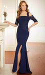 Floor Length Fitted Beaded Slit Applique Natural Waistline Mermaid 3/4 Sleeves Off the Shoulder Evening Dress