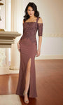 Floor Length 3/4 Sleeves Off the Shoulder Beaded Applique Fitted Slit Mermaid Natural Waistline Evening Dress