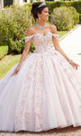 Strapless Organza Sweetheart Off the Shoulder Lace-Up Applique Crystal Beaded Floral Print Basque Corset Waistline Ball Gown Quinceanera Dress With Rhinestones