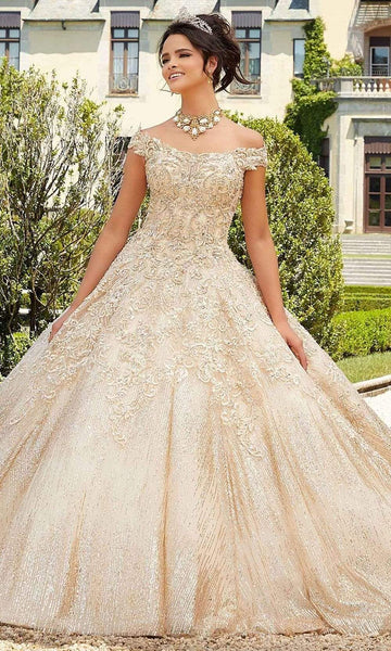 Tall General Print Metallic Glittering Crystal Back Zipper Embroidered Applique Beaded Natural Waistline Off the Shoulder Quinceanera Dress With a Bow(s) and Rhinestones