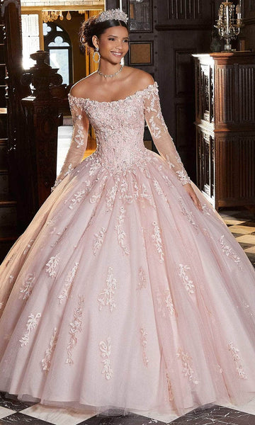 Floor Length Long Sleeves Off the Shoulder Basque Waistline Applique Beaded Glittering Embroidered Lace-Up Illusion Crystal Quinceanera Dress