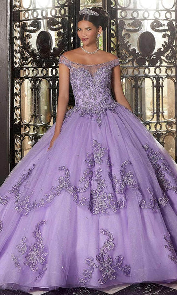 Basque Corset Waistline Keyhole Tiered Lace-Up Crystal Illusion Embroidered Cutout Jeweled Beaded Off the Shoulder Floor Length Tulle Quinceanera Dress/Party Dress