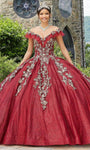 V-neck Floor Length Floral Print Off the Shoulder Crystal Applique Embroidered Lace-Up Pleated Tulle Basque Corset Waistline Ball Gown Quinceanera Dress