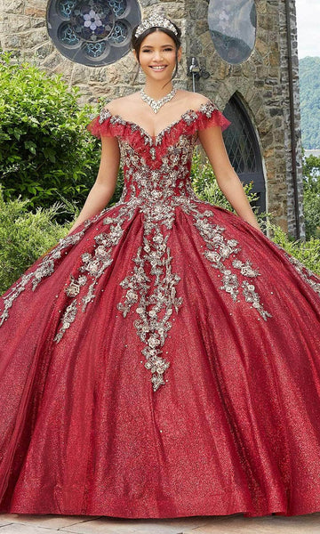 V-neck Floral Print Tulle Floor Length Applique Embroidered Lace-Up Crystal Pleated Basque Corset Waistline Off the Shoulder Ball Gown Quinceanera Dress