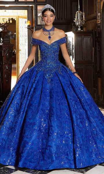 V-neck Floor Length Floral Print Off the Shoulder Natural Waistline Beaded Sequined Crystal Applique Pleated Ball Gown Quinceanera Dress