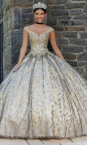 V-neck Applique Beaded Pleated Crystal Glittering Tulle Natural Waistline Floor Length General Print Off the Shoulder Ball Gown Evening Dress/Quinceanera Dress