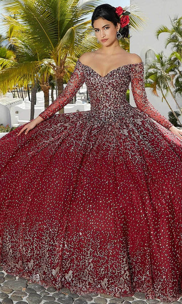 Floor Length General Print Long Sleeves Off the Shoulder Natural Waistline Beaded Lace-Up Crystal Glittering Ball Gown Quinceanera Dress