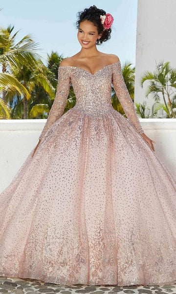 Natural Waistline Long Sleeves Off the Shoulder Glittering Beaded Crystal Lace-Up General Print Floor Length Ball Gown Quinceanera Dress