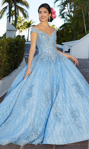 Beaded Crystal Glittering Embroidered Off the Shoulder Floor Length Tulle Natural Waistline Ball Gown Quinceanera Dress With Rhinestones