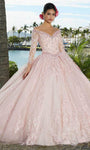 Floor Length Basque Waistline Long Sleeves Off the Shoulder Beaded Applique Crystal Ball Gown Quinceanera Dress