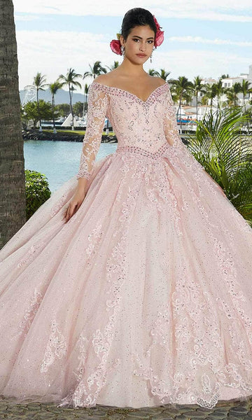 Basque Waistline Long Sleeves Off the Shoulder Floor Length Applique Beaded Crystal Ball Gown Quinceanera Dress