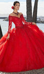 Floor Length Applique Beaded Crystal Basque Waistline Long Sleeves Off the Shoulder Ball Gown Quinceanera Dress