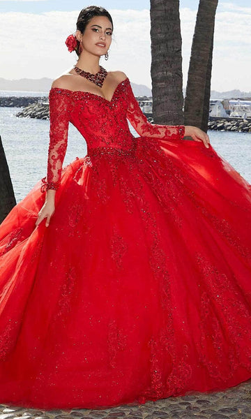 Basque Waistline Applique Crystal Beaded Long Sleeves Off the Shoulder Floor Length Ball Gown Quinceanera Dress