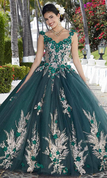 Tall V-neck Floor Length Crystal Applique Glittering Beaded Natural Waistline Floral Print Ball Gown Quinceanera Dress