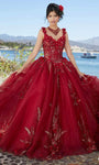 Tall V-neck Natural Waistline Floor Length Floral Print Beaded Glittering Crystal Applique Ball Gown Quinceanera Dress