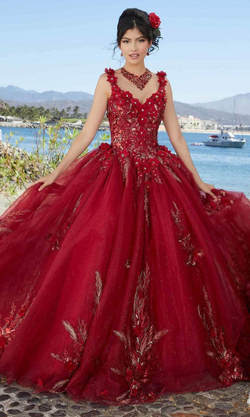 Tall V-neck Floor Length Crystal Beaded Applique Glittering Natural Waistline Floral Print Ball Gown Quinceanera Dress