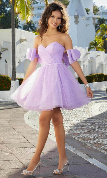 A-line Strapless Natural Waistline Back Zipper Glittering Gathered Open-Back Ruched Sweetheart Cocktail Short Tulle Party Dress With a Bow(s)