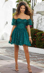 A-line Sweetheart Back Zipper Pleated Open-Back Fitted Sheer Tulle Puff Sleeves Sleeves Off the Shoulder Cocktail Above the Knee Empire Waistline Dress