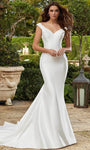 V-neck Natural Waistline V Back Open-Back Fitted Cap Sleeves Sleeveless Satin Fit-and-Flare Mermaid Wedding Dress with a Chapel Train