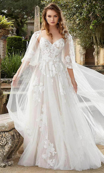 A-line Sweetheart Sleeveless Spaghetti Strap Corset Natural Waistline Illusion Embroidered Beaded Applique Open-Back Sheer Button Closure Floor Length Wedding Dress with a Semi-Cathedral Train