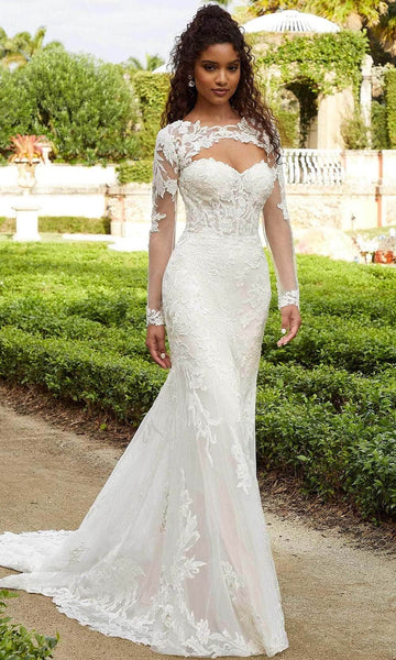 Strapless Sweetheart Embroidered Button Closure Keyhole Illusion Sheer Open-Back Long Sleeves Lace Corset Natural Waistline Mermaid Wedding Dress with a Chapel Train