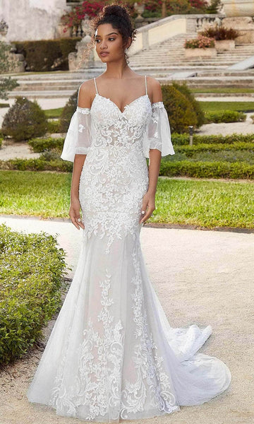 Mermaid Beaded Sheer Fitted Embroidered Open-Back Corset Natural Waistline Sweetheart Puff Sleeves Sleeves Spaghetti Strap Floor Length Wedding Dress with a Chapel Train