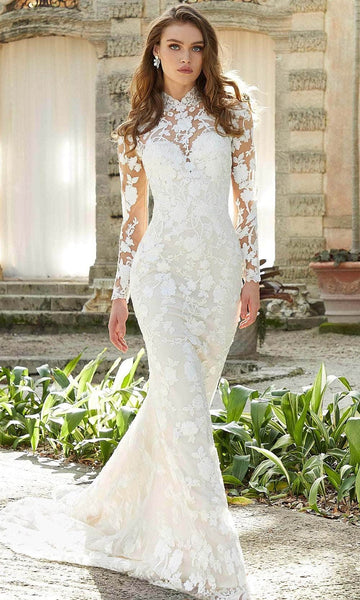 Floral Print Long Sleeves Illusion Embroidered Sheer Natural Waistline High-Neck Sweetheart Mermaid Wedding Dress with a Chapel Train