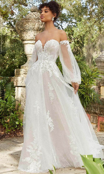 Sophisticated A-line Strapless Bishop Long Sleeves Natural Waistline Applique Embroidered Button Closure Sheer Sweetheart Wedding Dress with a Brush/Sweep Train