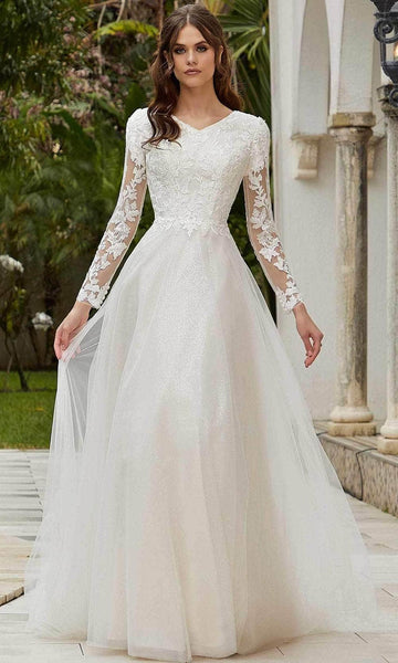 A-line V-neck Floor Length Button Closure Applique Natural Waistline Floral Print Long Sleeves Wedding Dress with a Brush/Sweep Train