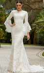 Sheer Button Closure Applique Bateau Neck Floral Print Elbow Length Sleeves Natural Waistline Mermaid Wedding Dress