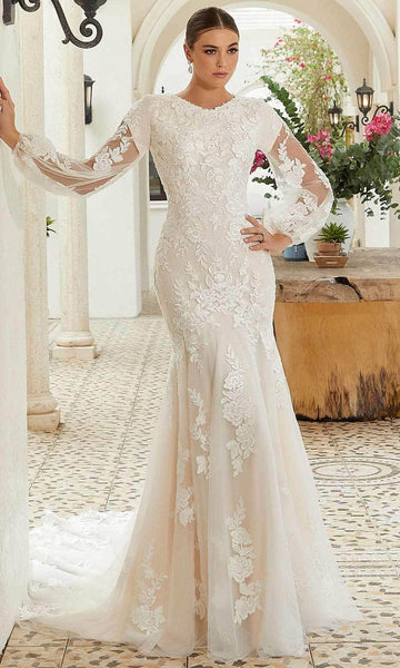 Bishop Long Sleeves Natural Waistline Fitted Beaded Button Closure Illusion Mermaid Bateau Neck Floral Print Wedding Dress with a Brush/Sweep Train