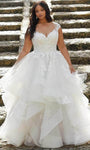 A-line V-neck Open-Back Sheer Keyhole Cap Sleeves Natural Waistline Wedding Dress with a Chapel Train With Ruffles