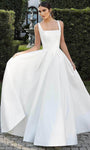 Sophisticated A-line Basque Corset Waistline Satin Square Neck Sleeveless Pleated Open-Back Floor Length Wedding Dress with a Chapel Train