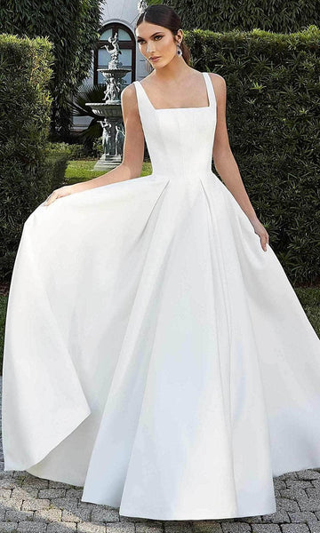 Sophisticated A-line Square Neck Open-Back Pleated Satin Sleeveless Floor Length Basque Corset Waistline Wedding Dress with a Chapel Train