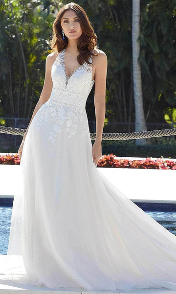 A-line V-neck Empire Waistline Floral Print Sleeveless Embroidered Beaded Sheer Open-Back Wedding Dress with a Chapel Train