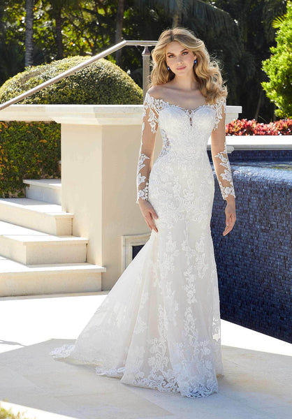 Open-Back Sheer Illusion Fitted Long Sleeves Off the Shoulder Lace Sweetheart Floor Length Fit-and-Flare Mermaid Natural Waistline Wedding Dress with a Chapel Train