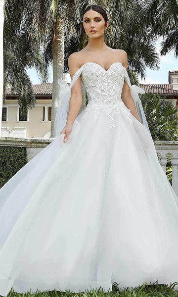 Sophisticated A-line Natural Waistline Crystal Draped Beaded Off the Shoulder Sweetheart Wedding Dress With a Bow(s)