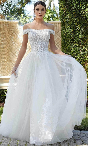 A-line Sweetheart Straight Neck Off the Shoulder Floral Print Corset Natural Waistline Sheer Lace-Up Embroidered Open-Back Wedding Dress with a Chapel Train