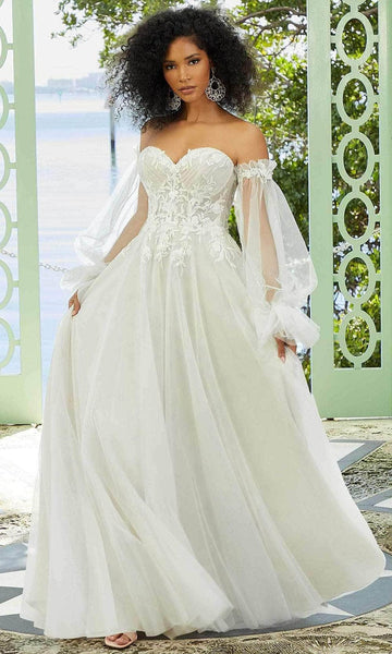 A-line Strapless Sweetheart Sheer Open-Back Fitted Corset Natural Waistline Bishop Long Sleeves Wedding Dress with a Chapel Train