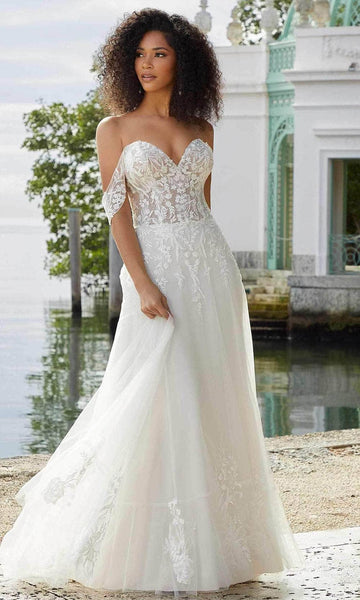 A-line Strapless Sweetheart Corset Natural Waistline Applique Sequined Sheer Embroidered Illusion Short Sleeves Sleeves Off the Shoulder Wedding Dress with a Chapel Train With Ruffles