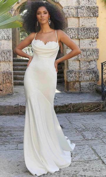 Cowl Neck Sweetheart Floor Length Sleeveless Spaghetti Strap Natural Waistline Sheath Open-Back Fitted Applique Embroidered Sheath Dress/Wedding Dress with a Chapel Train