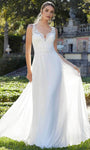 Sophisticated A-line V-neck Natural Waistline Open-Back Cutout Sheer Embroidered Sleeveless Wedding Dress with a Chapel Train
