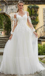 A-line V-neck Natural Waistline Bishop Long Sleeves Sleeveless Open-Back Goddess V Back Keyhole Wedding Dress with a Chapel Train With Ruffles