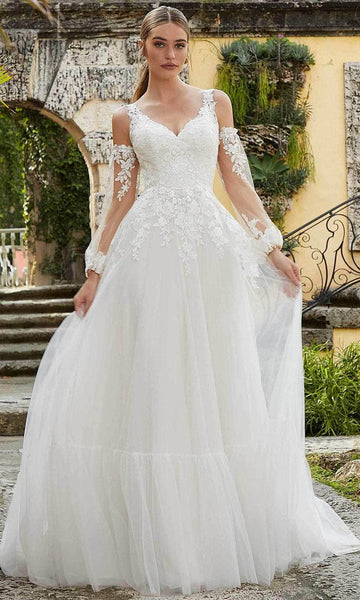 A-line V-neck Bishop Long Sleeves Sleeveless V Back Goddess Keyhole Open-Back Natural Waistline Wedding Dress with a Chapel Train With Ruffles