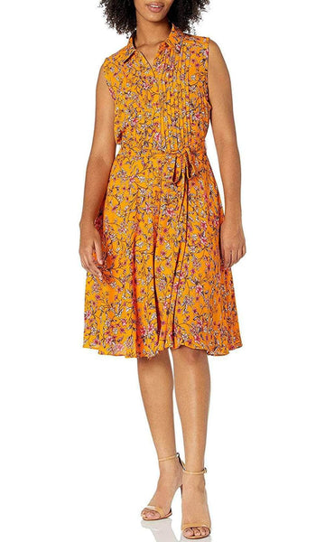 A-line V-neck Collared Floral Print Above the Knee Pleated Button Front Natural Tie Waist Waistline Sleeveless Polyester Dress